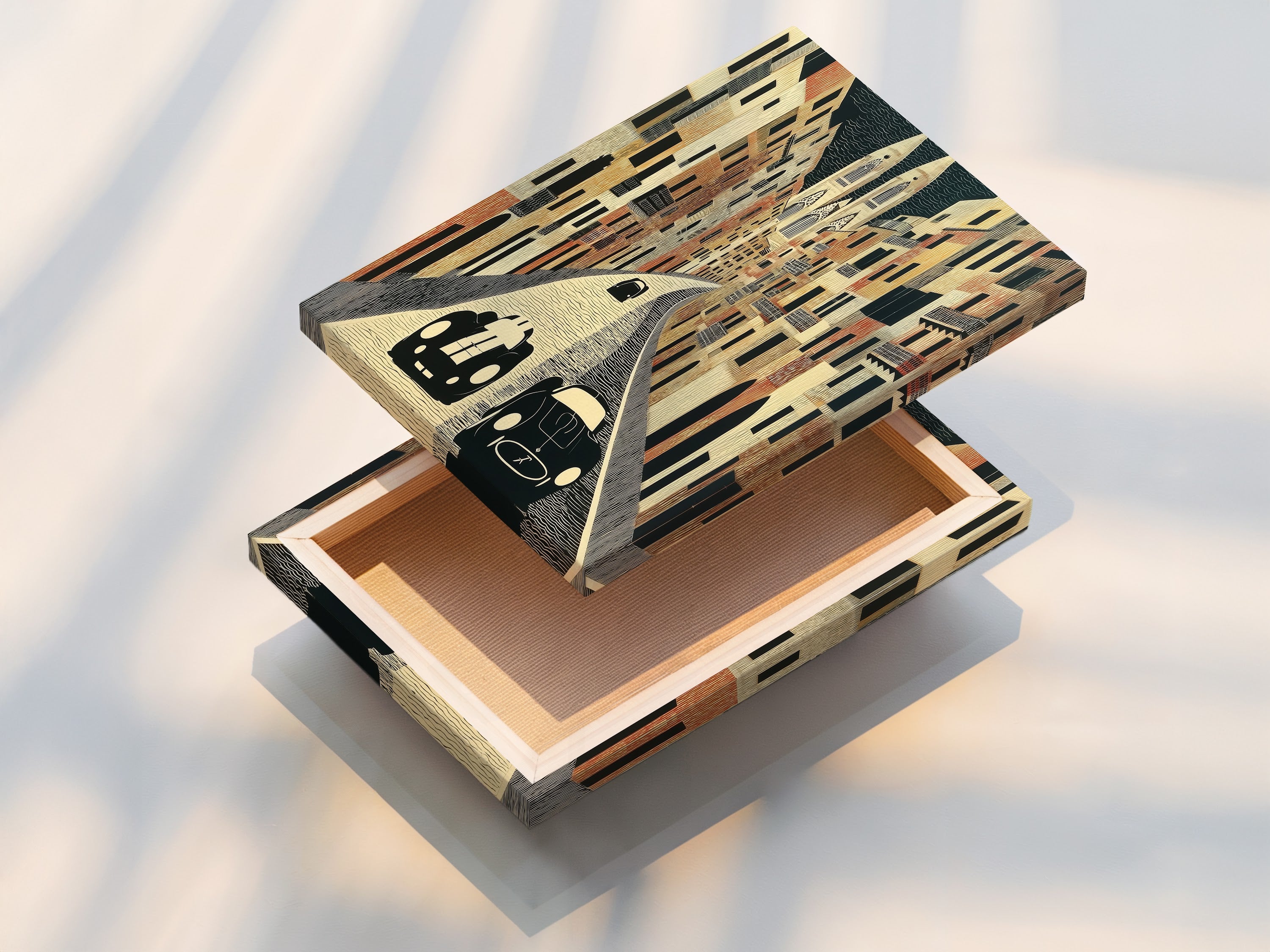 A stretched canvas print of vintage car artwork. The print depicts a European street scene with classic cars. Ready to hang and enjoy in any room. Perfect for adding retro charm to your home. This automobile wall art will be a focal point.