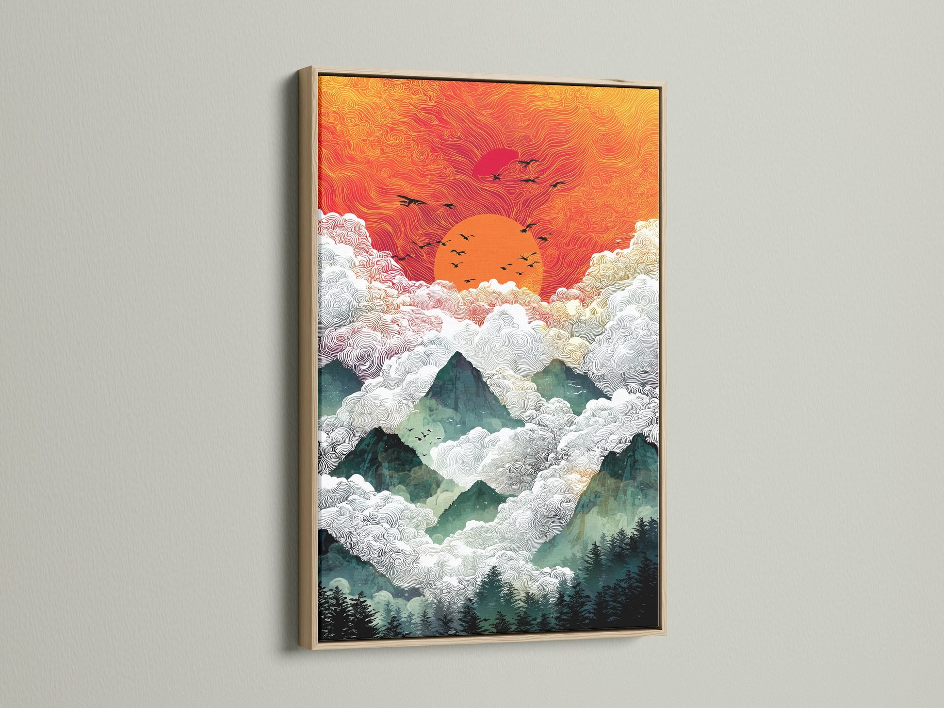 The Mountain Sunrise artwork is presented in an oak frame. The artwork complements the natural aesthetic. The orange sky and mountain scenery create a serene atmosphere. This framed piece enhances any living room bedroom or office space. Enjoy the beauty of nature indoors.