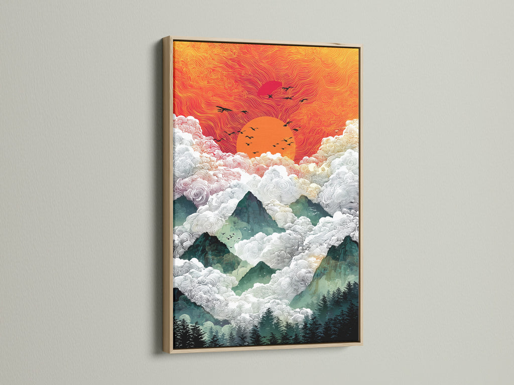 The Sunrise Mountain canvas print is showcased in an oak frame. The landscape canvas is an abstract artwork perfect for bohemian decor. The sunrise print adds a touch of nature to any space. Consider this mountain art for your forest wall art collection. Enhance your home with this orange art print.