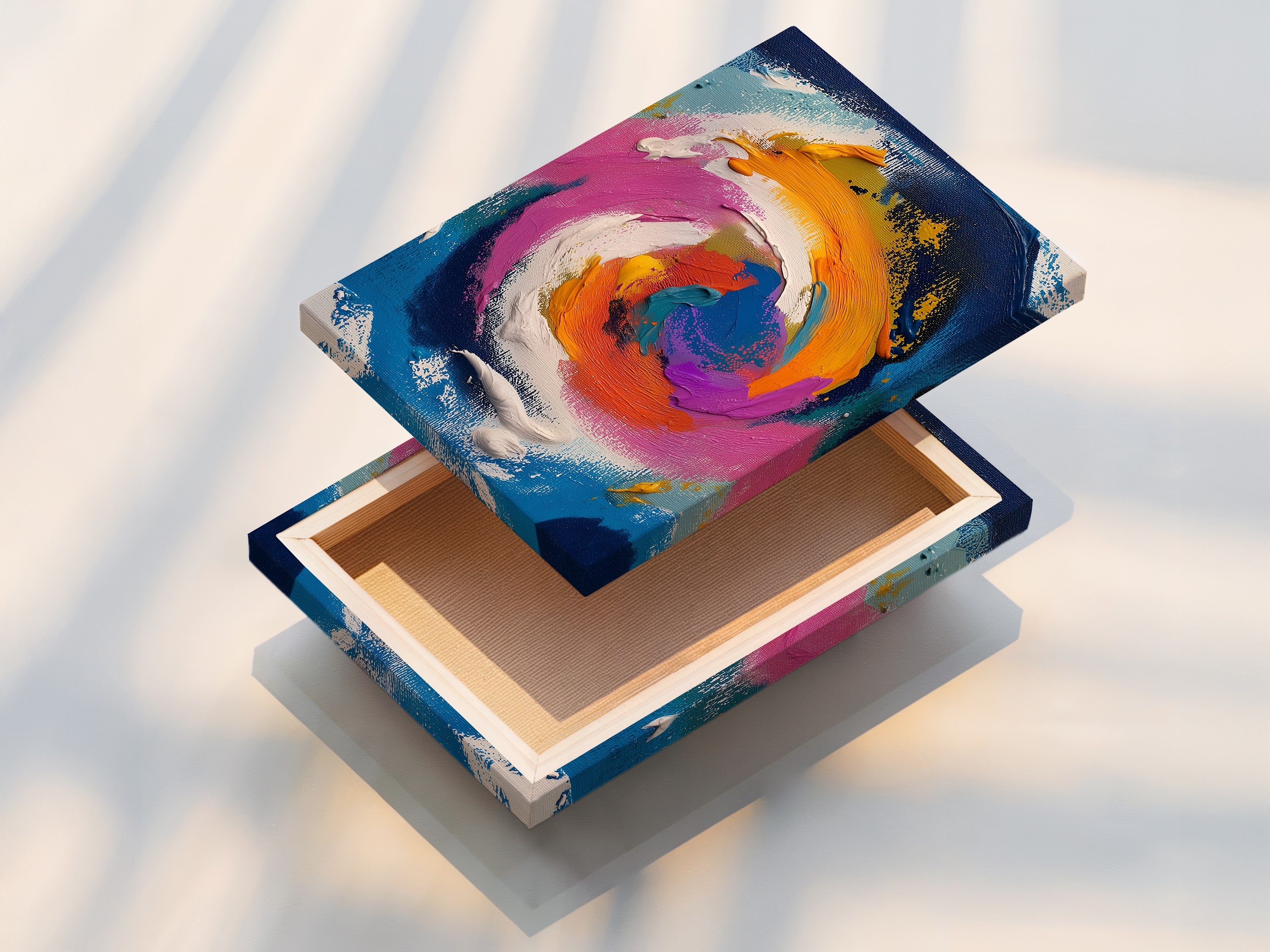 This image showcases a stretched canvas print of an abstract swirl artwork. The canvas print is ready to hang and enjoy. The vibrant colors and bold brushstrokes will make a statement. This modern artwork is perfect for any space.