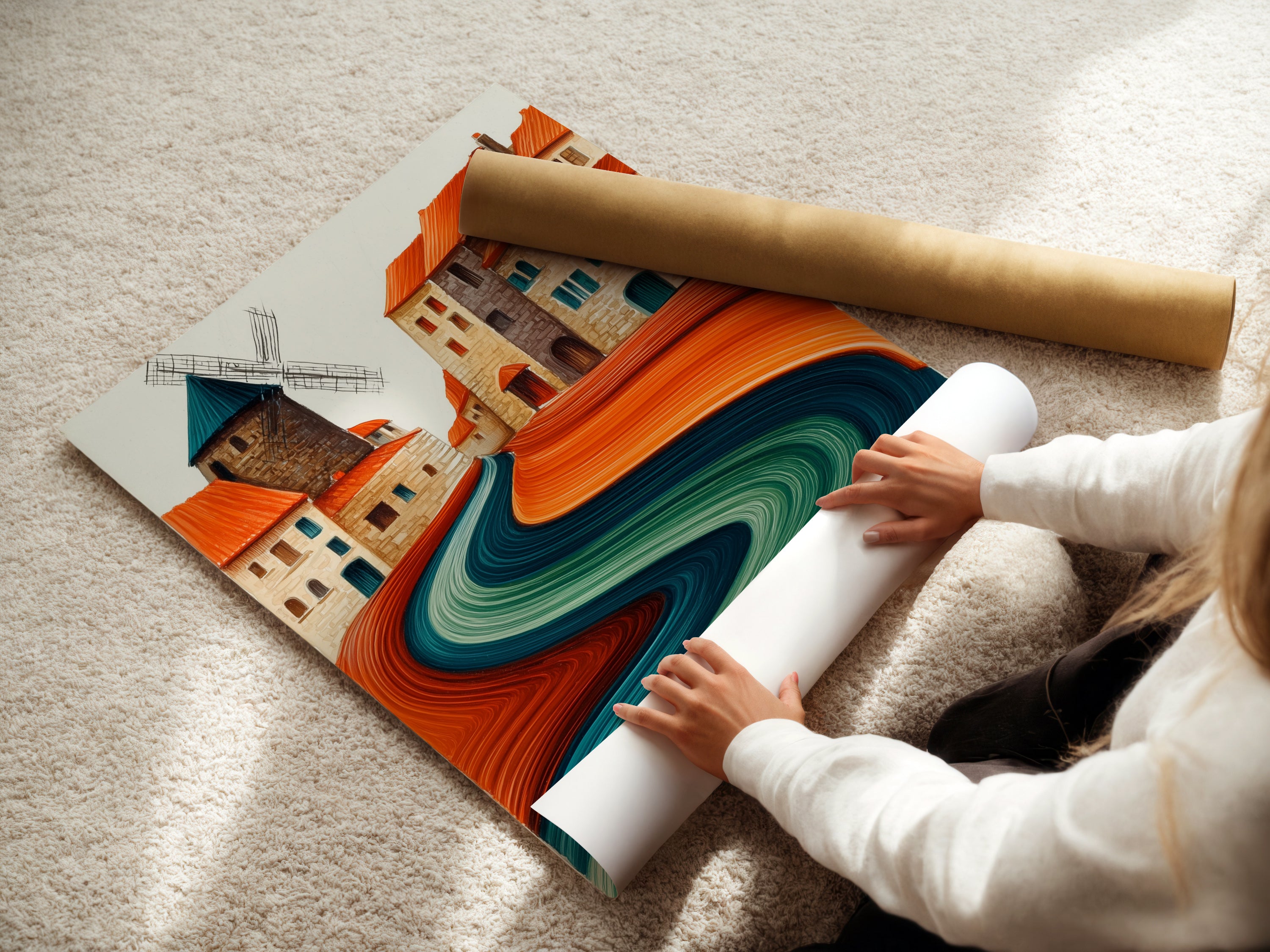 A woman is carefully rolling a fine art poster paper featuring the whimsical village artwork. This abstract landscape showcases teal and terracotta colors. This high-quality print is perfect for modern home decor. It adds a touch of European elegance to your space.
