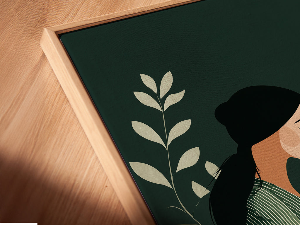 A close-up angled view shows the canvas print in a floating frame. The Reading Woman art appears elegant and modern. The floating frame enhances the artwork's minimalist style. This is perfect for adding a refined touch to your home decor or office space.