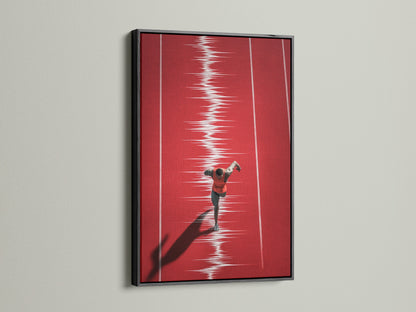 Artwork of a runner in a black frame. A black frame adds sophistication and drama. The dark frame creates a striking contrast. The runner art is bold and modern. View our selection of black-framed art.