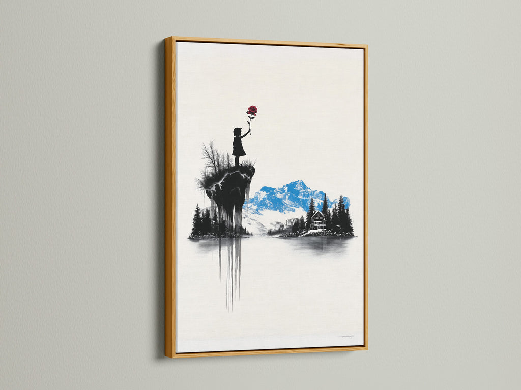 Artwork featuring a gold frame. The art inside depicts a child holding a red flower. Mountains and a house are in the background. The gold frame adds a touch of luxury and sophistication.