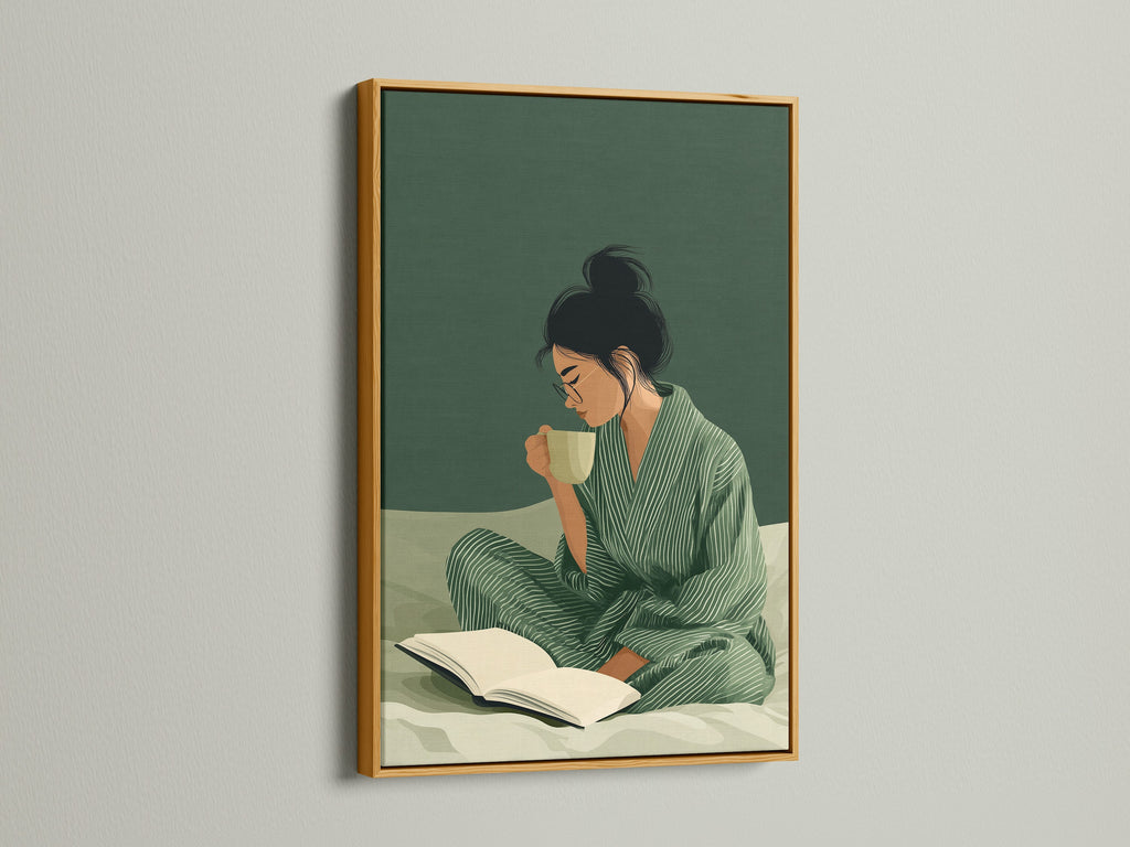 Woman Reading Art Print with a gold frame.  This self care art promotes a quiet moment. The artwork adds warmth to cozy cafes. This print brings peace to spas and libraries.