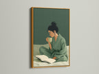 Woman Reading Art Print with a gold frame.  This self care art promotes a quiet moment. The artwork adds warmth to cozy cafes. This print brings peace to spas and libraries.