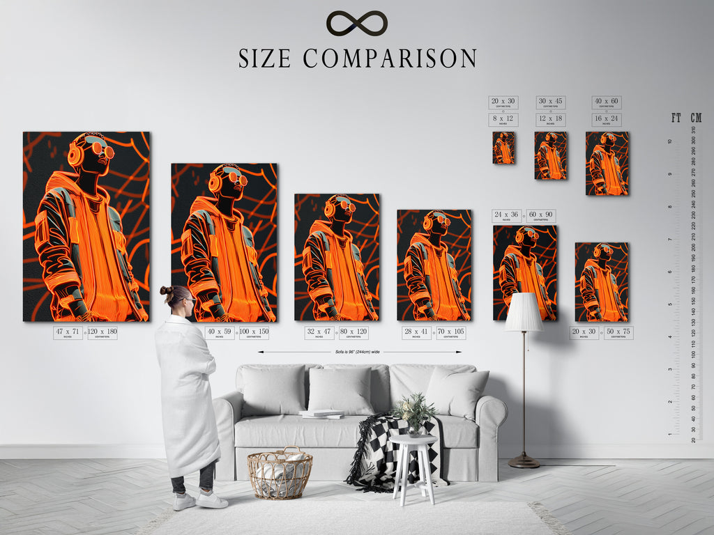 Size comparison chart displayed in an interior setting. This chart helps you visualize the different sizes of artwork. Find the perfect size to fit your space. Make an informed decision with our helpful size guide. Browse our collection and find your ideal piece.
