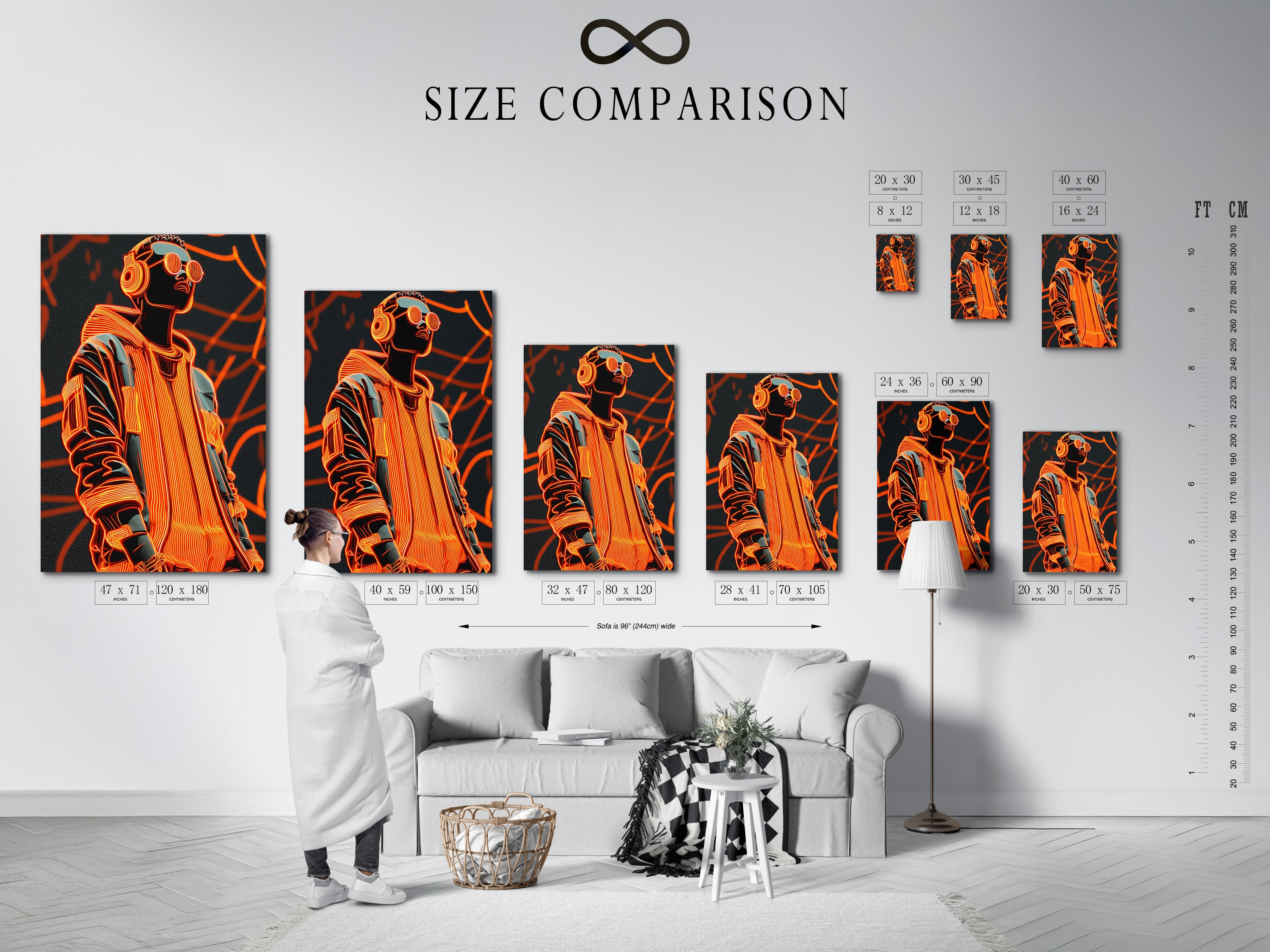 Size comparison chart displayed in an interior setting. This chart helps you visualize the different sizes of artwork. Find the perfect size to fit your space. Make an informed decision with our helpful size guide. Browse our collection and find your ideal piece.