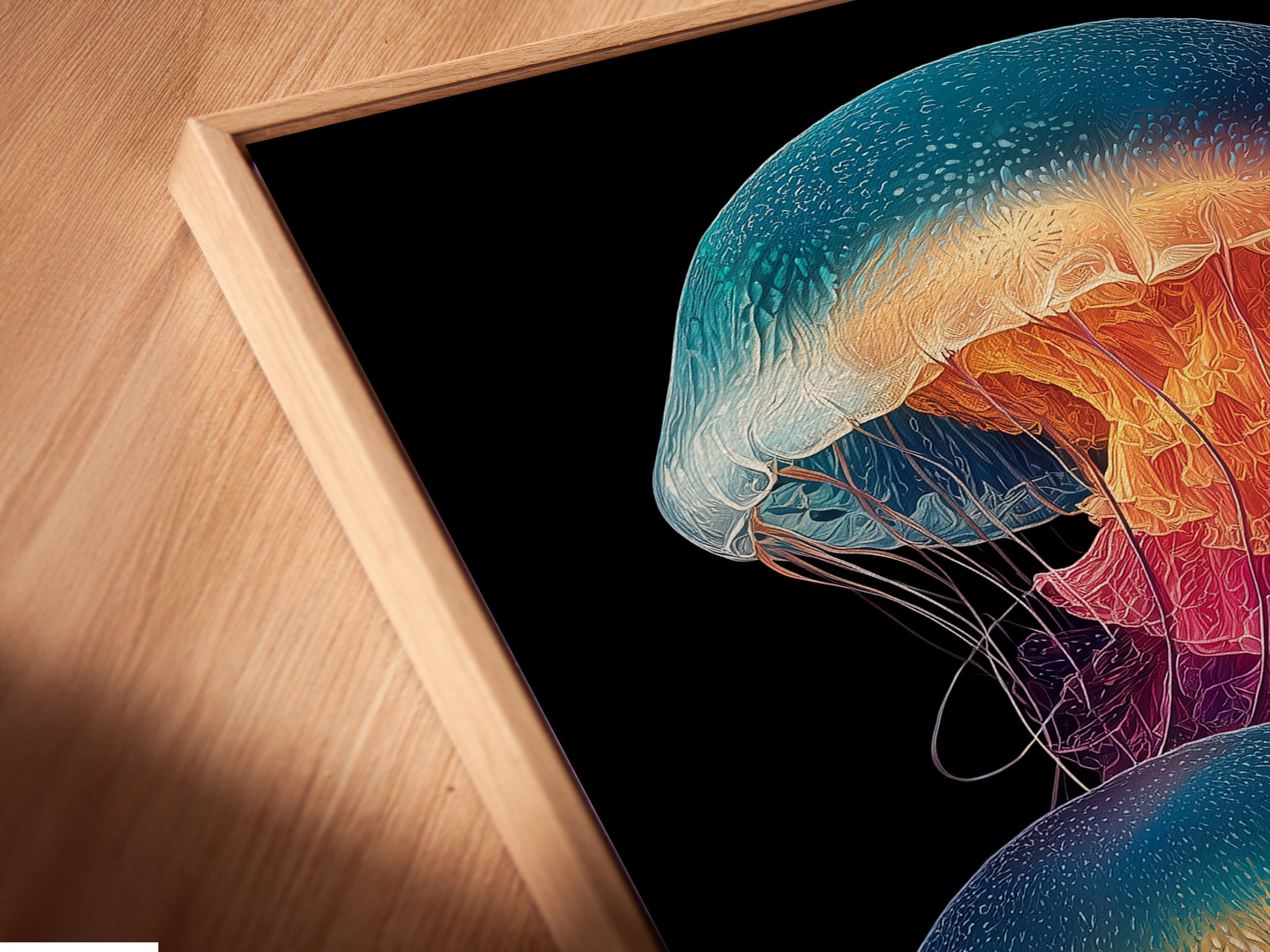 A close up of a canvas print featuring jellyfish in a floating frame. The colorful ocean wall art enhances any interior. The sea creature art is perfect for coastal tropical and modern spaces. This marine life print adds vibrancy to bathroom wall art living room wall decor and office wall art.