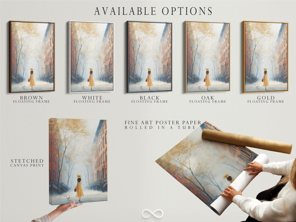 Available options for the City Street artwork are displayed. Options include a stretched canvas print fine art poster paper and a floating frame. The artwork features a woman and her dog. Choose the perfect option to suit your style and space.