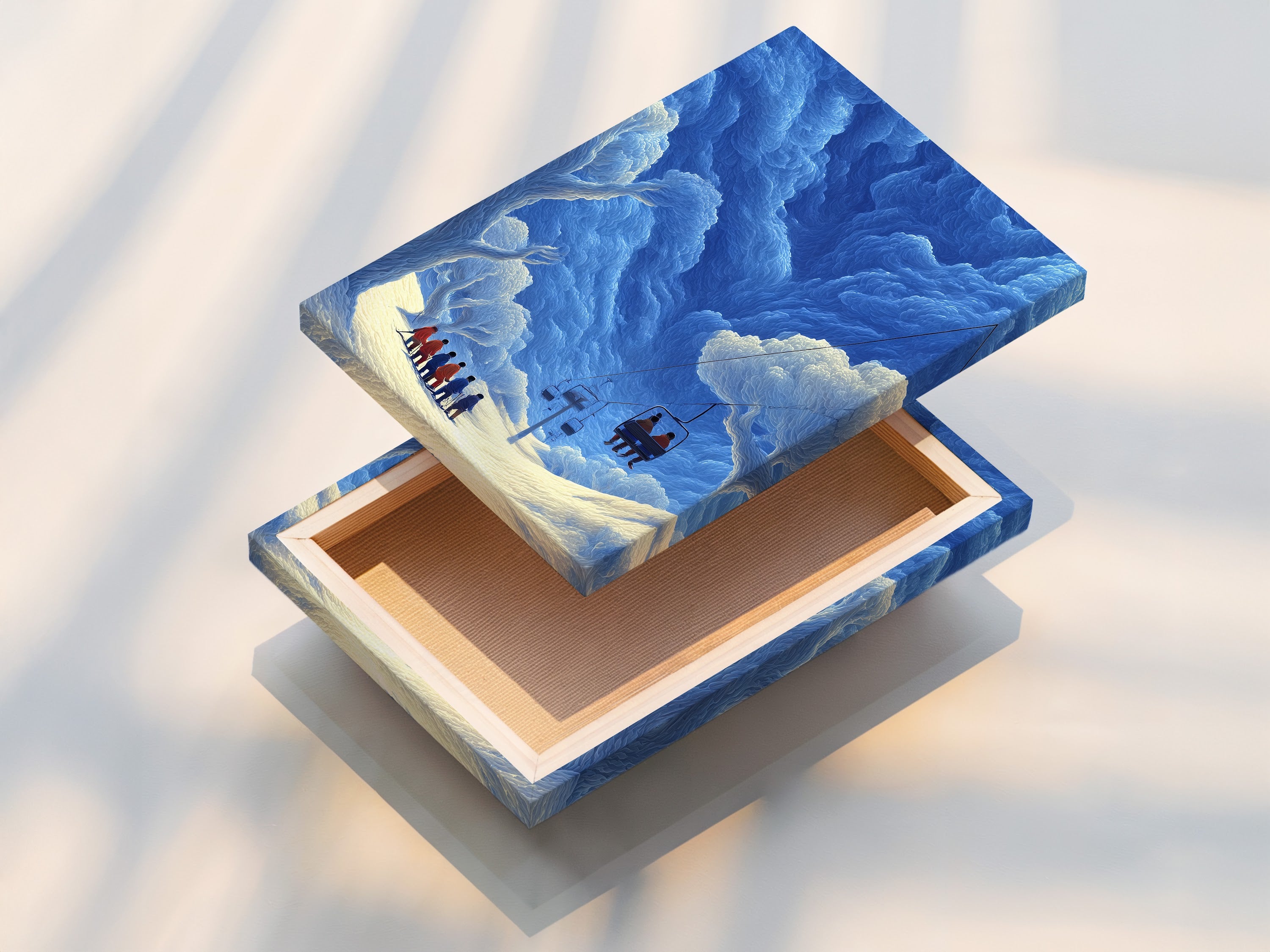 A stretched canvas print of blue winter mountain artwork. Ready to hang and transform your space. The stretched canvas provides a gallery-worthy look. Perfect for showcasing vintage ski lift posters. Add depth and texture to your cabin wall decor with this option.