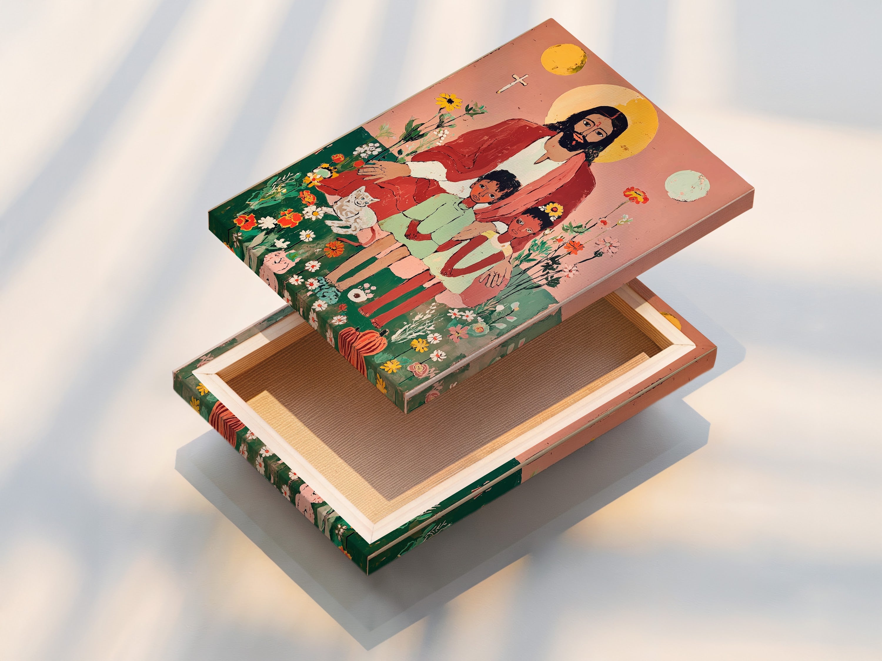 A stretched canvas print of a folk art religious scene. Jesus Christ is depicted with two children. This Christian canvas art is perfect for adding a spiritual touch to nursery wall art or kids' room decor. Explore faith based art now.