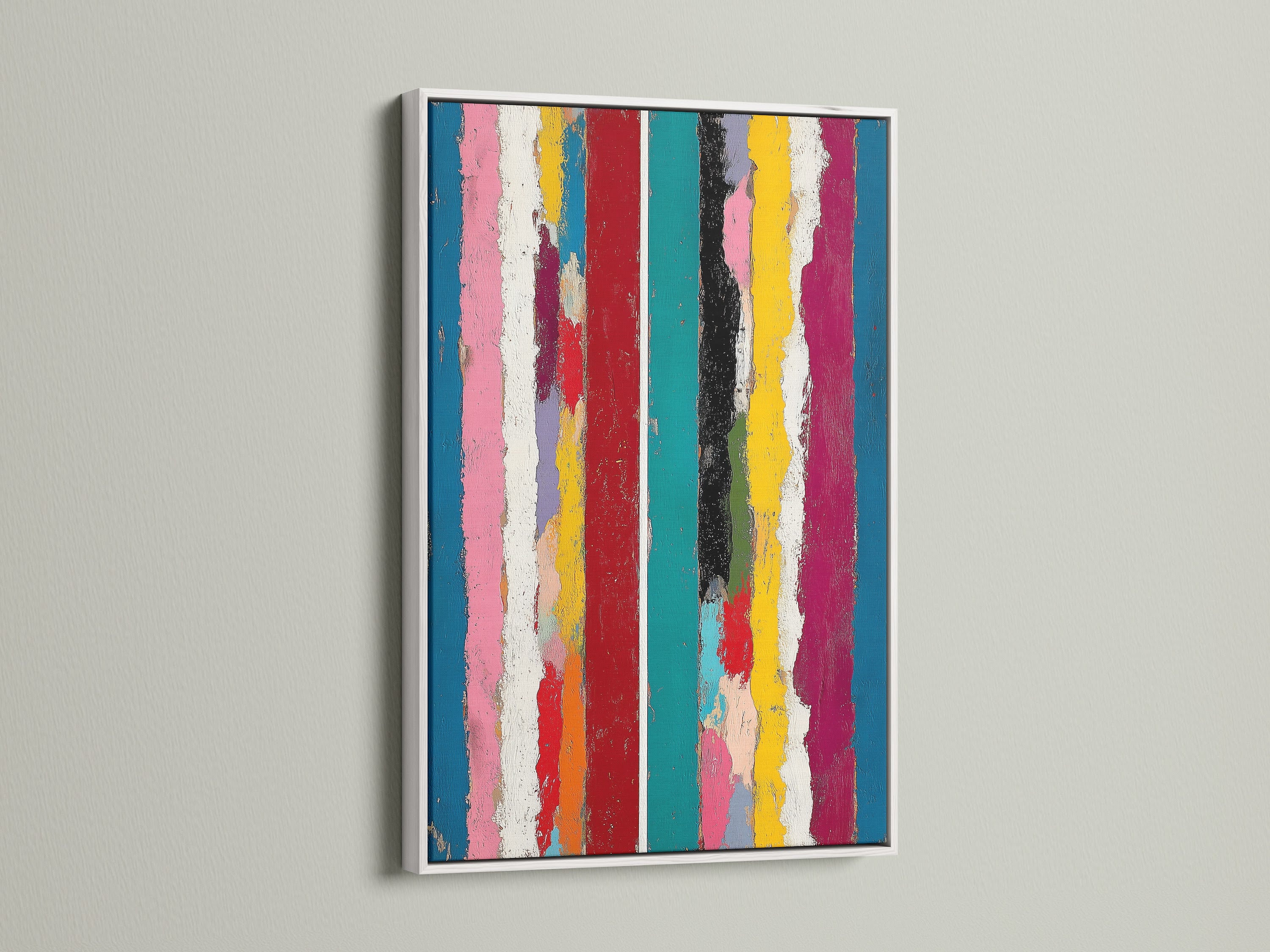A white frame highlights this striking abstract stripe artwork. Its rainbow colors and vertical lines bring a modern flair to any room. This contemporary artwork is perfect for eclectic styles in living rooms playrooms and offices.