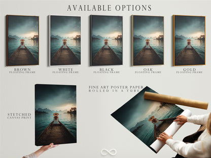 Serene Lake Boat Journey Wall Art - Woman in Straw Hat Mountain Landscape, Tranquil Water Scene, Peaceful Nature Photography Print