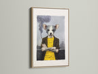 A sophisticated oak frame enhances this quirky dog portrait art. The anthropomorphic animal canvas print brings a unique touch to any room. This whimsical pet wall art is perfect for those who appreciate eclectic home art. The artwork's style blends industrial and utility elements. It features primary color yellow and secondary color grey.