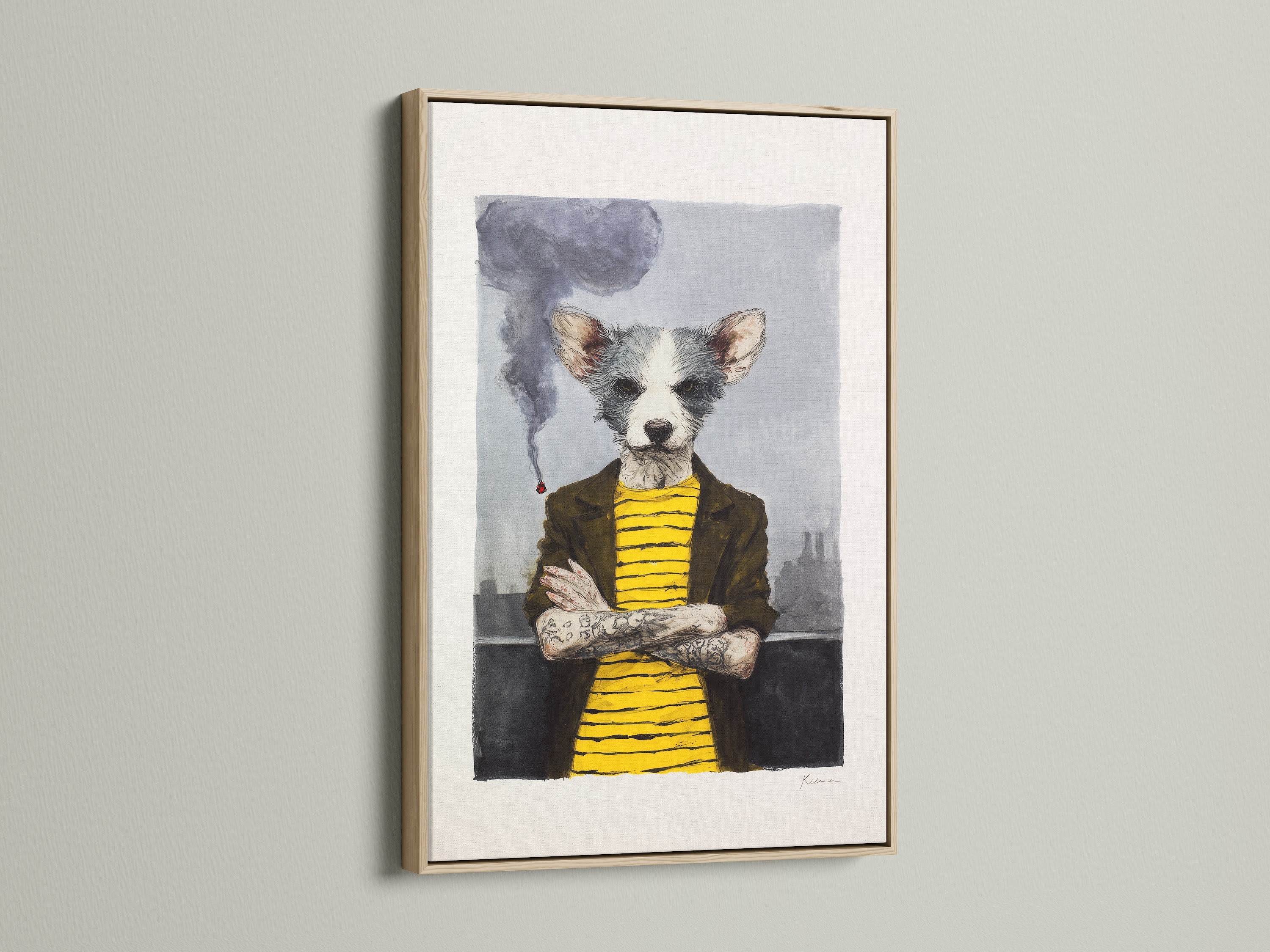 A sophisticated oak frame enhances this quirky dog portrait art. The anthropomorphic animal canvas print brings a unique touch to any room. This whimsical pet wall art is perfect for those who appreciate eclectic home art. The artwork's style blends industrial and utility elements. It features primary color yellow and secondary color grey.