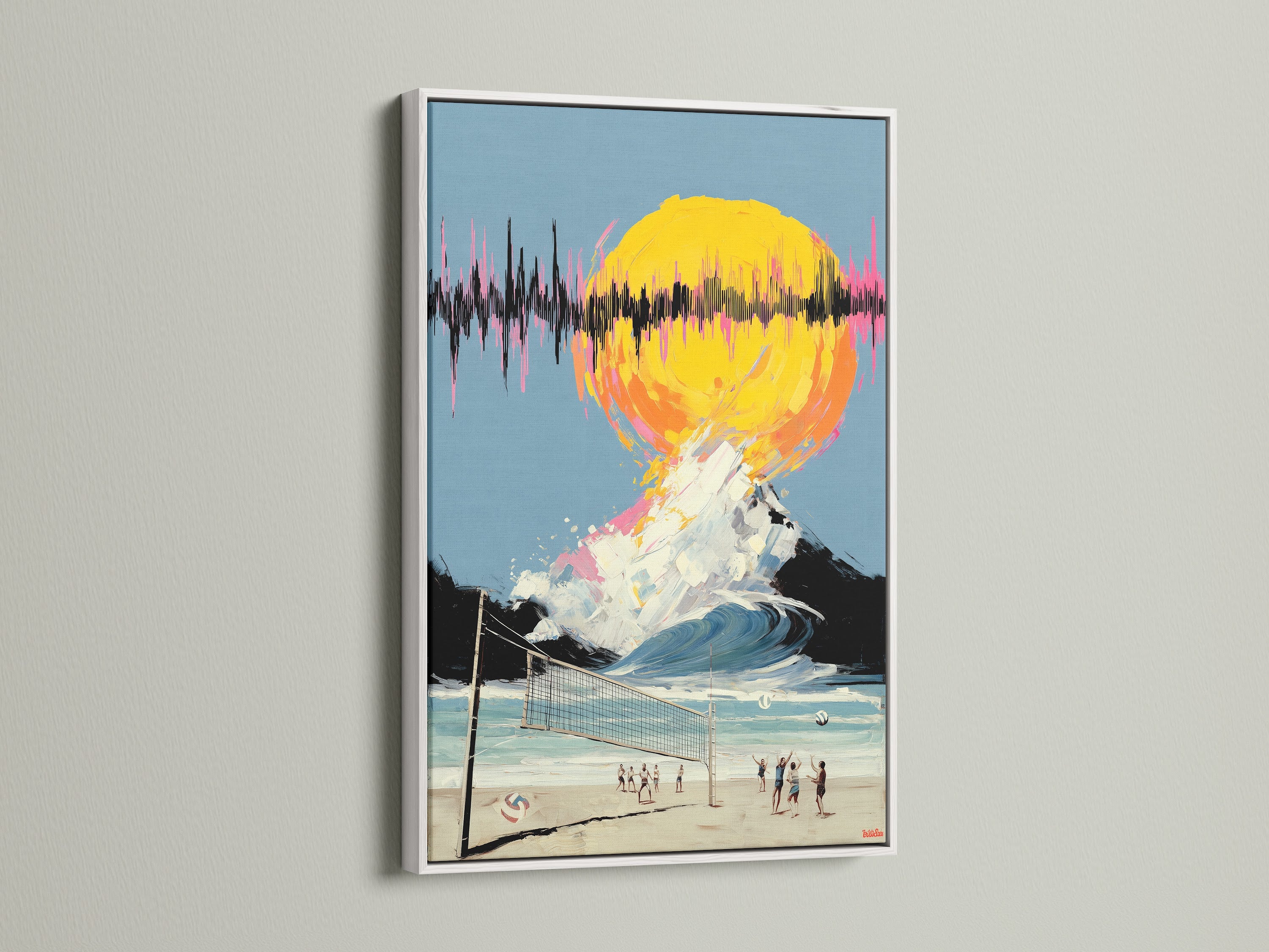 The Beach Volleyball artwork is set in a clean white frame. The surreal sunset and sports theme makes it ideal for a game room. This retro poster print adds a cool touch to any wall.