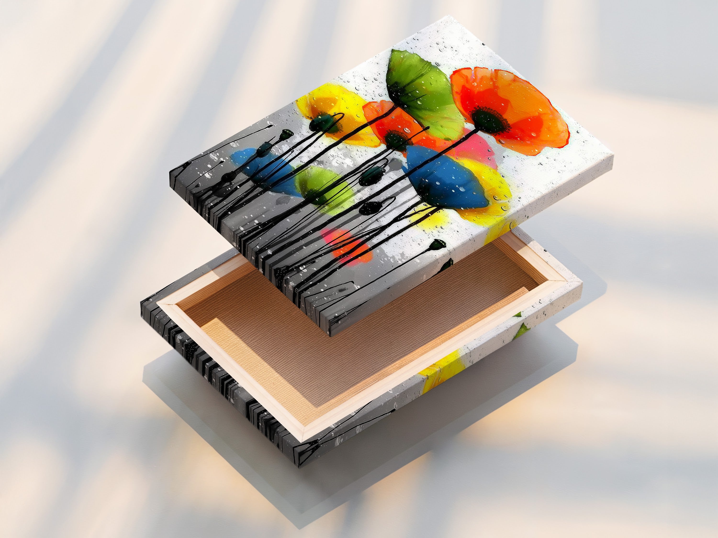 This is a stretched canvas print displaying a colorful poppy artwork. The vibrant flower print brings life to any wall. The modern floral wall art is ready to hang and enjoy. It is a perfect addition to contemporary home decor.