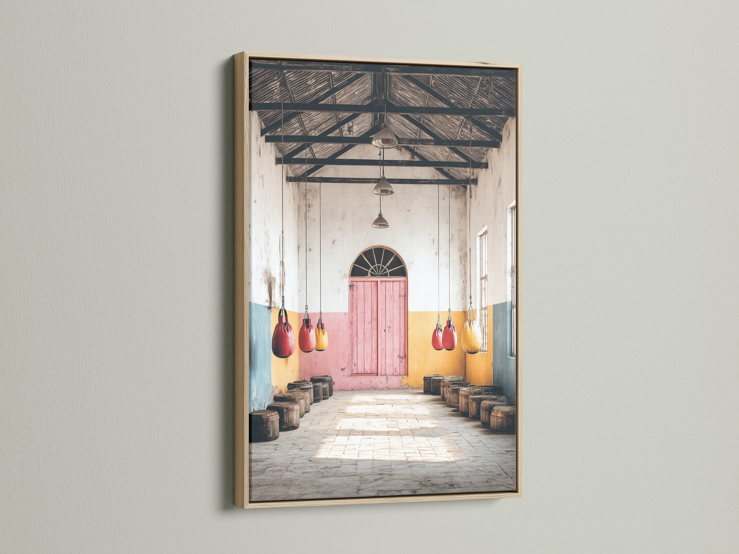 This is a vintage gym canvas print framed in oak. The artwork adds a rustic touch to any space. The sport decor features distressed pastel colors. Ideal for a man cave or as boxing club decor. The oak frame complements the faded colors art.