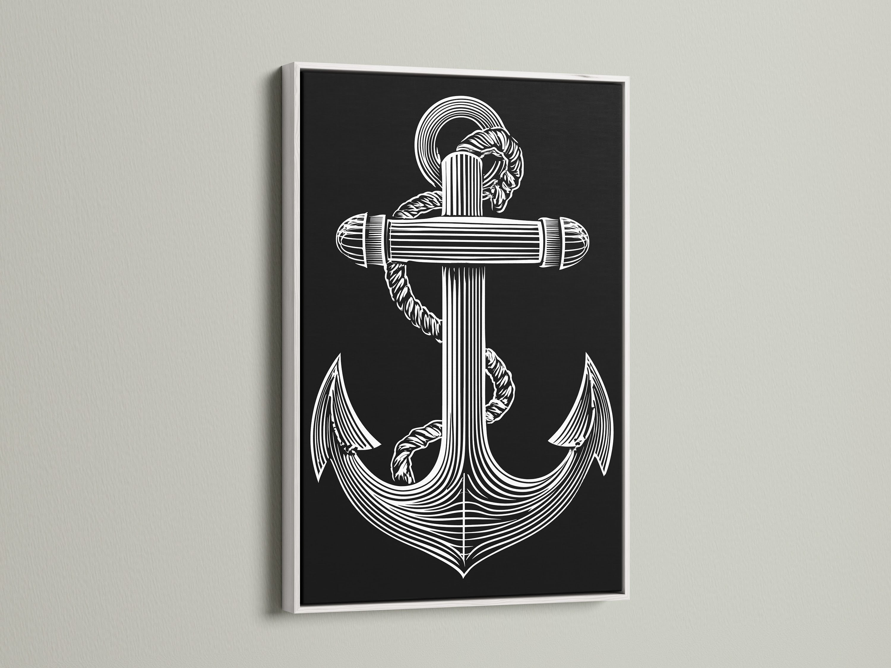 Art print of a striking anchor design framed in white. The white frame offers a clean modern look. This artwork complements minimalist and contemporary interiors. Discover how framed artwork can transform your living space. Add a fresh touch to your home decor today. Explore our white frame options now