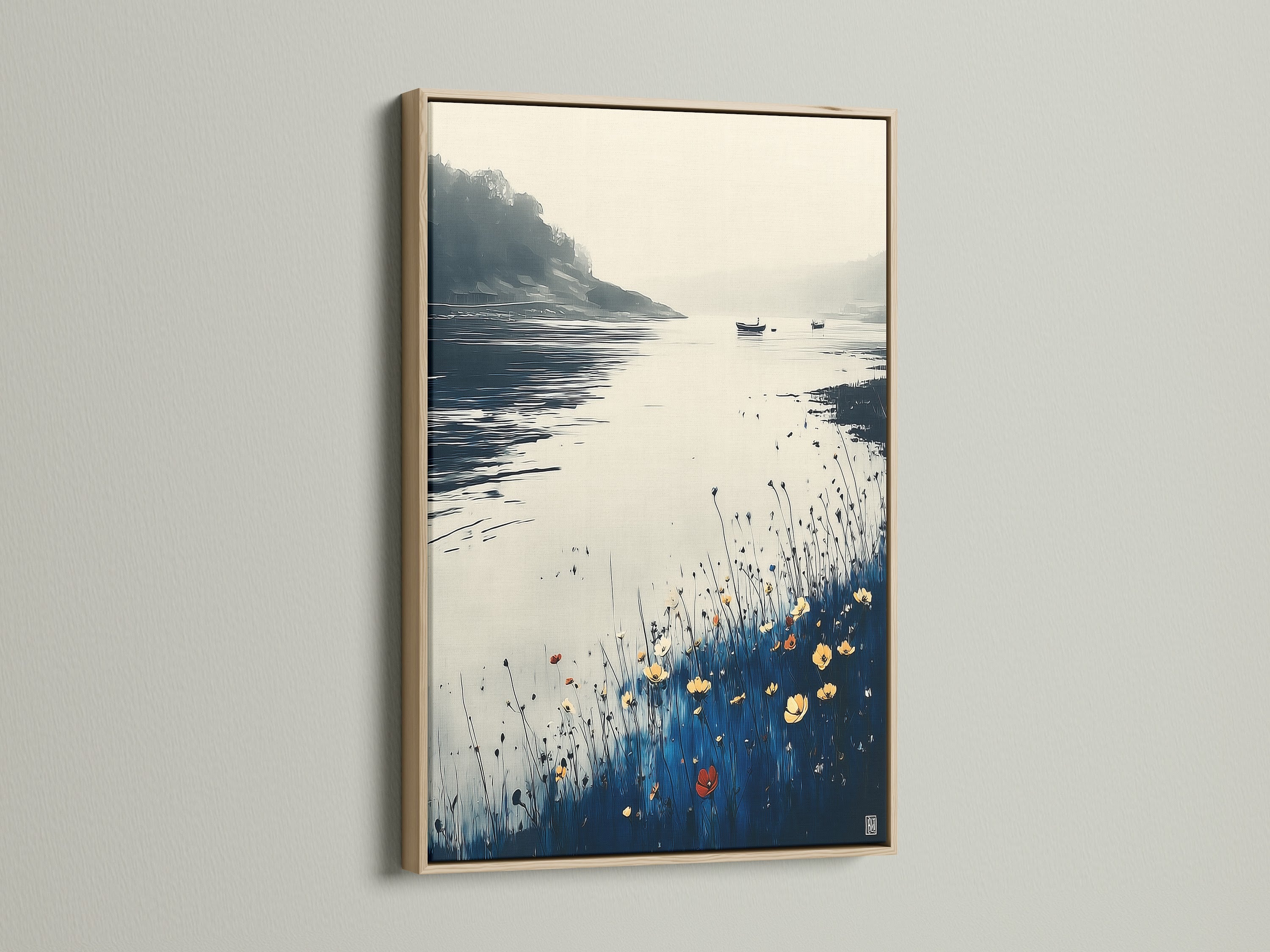 Modern coastal artwork in an oak frame. The serene lake art captures a calming landscape with blue and beige hues. This nature print enhances minimalist coastal and farmhouse styles. A great addition to any space seeking refined wall decor. Discover how lake canvas prints can transform your home art.
