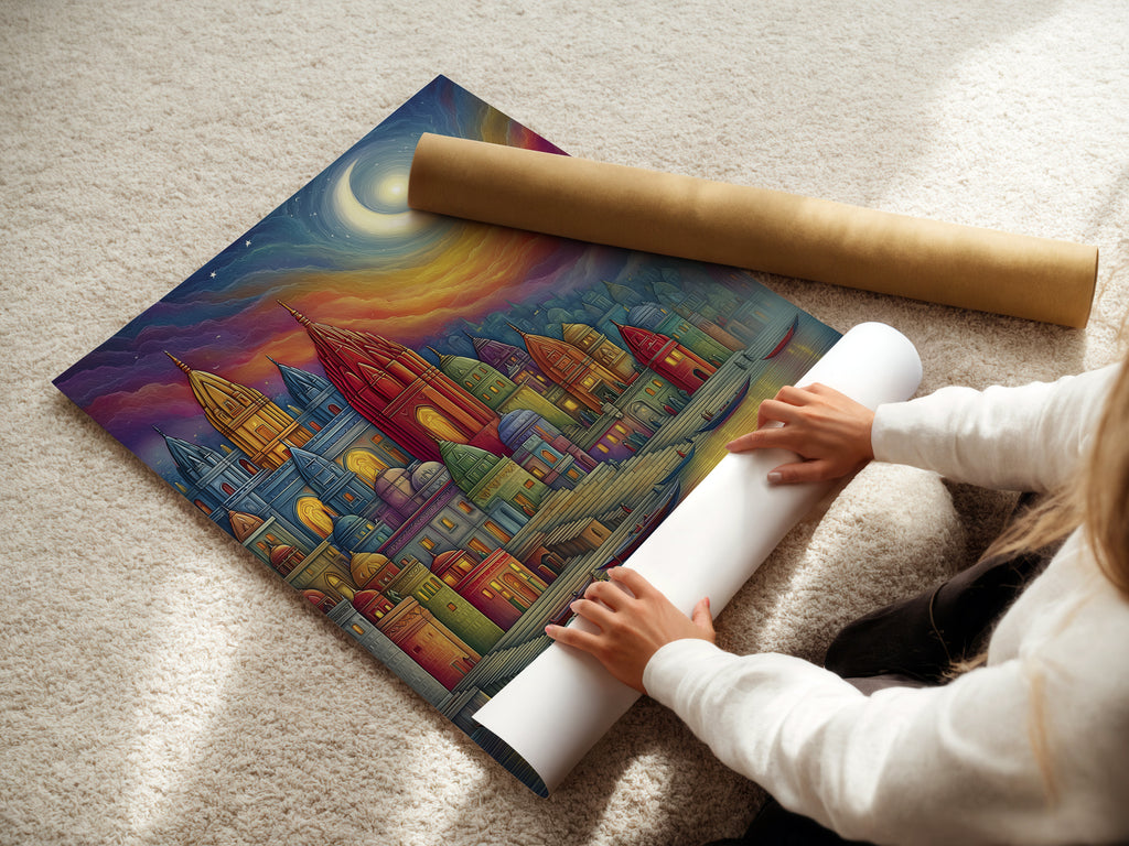 Woman rolling a fine art poster paper of fantasy castle artwork. The colorful medieval architecture print is whimsical. This fairytale piece is great for bedroom decor. It's ideal for homeowners renters and interior designers seeking elevated art.