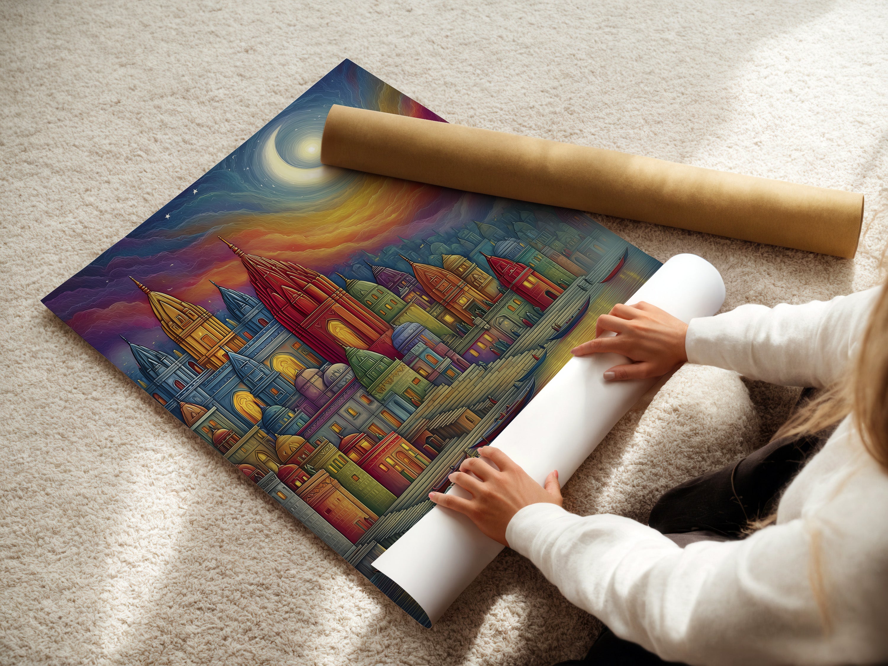 Woman rolling a fine art poster paper of fantasy castle artwork. The colorful medieval architecture print is whimsical. This fairytale piece is great for bedroom decor. It's ideal for homeowners renters and interior designers seeking elevated art.