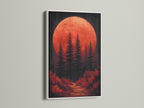 A white frame elegantly holds a forest canvas print. The red orange sunset and moody landscape create a serene atmosphere. This nature canvas art is suitable for a minimalist modern or rustic setting. It enhances bedroom decor.