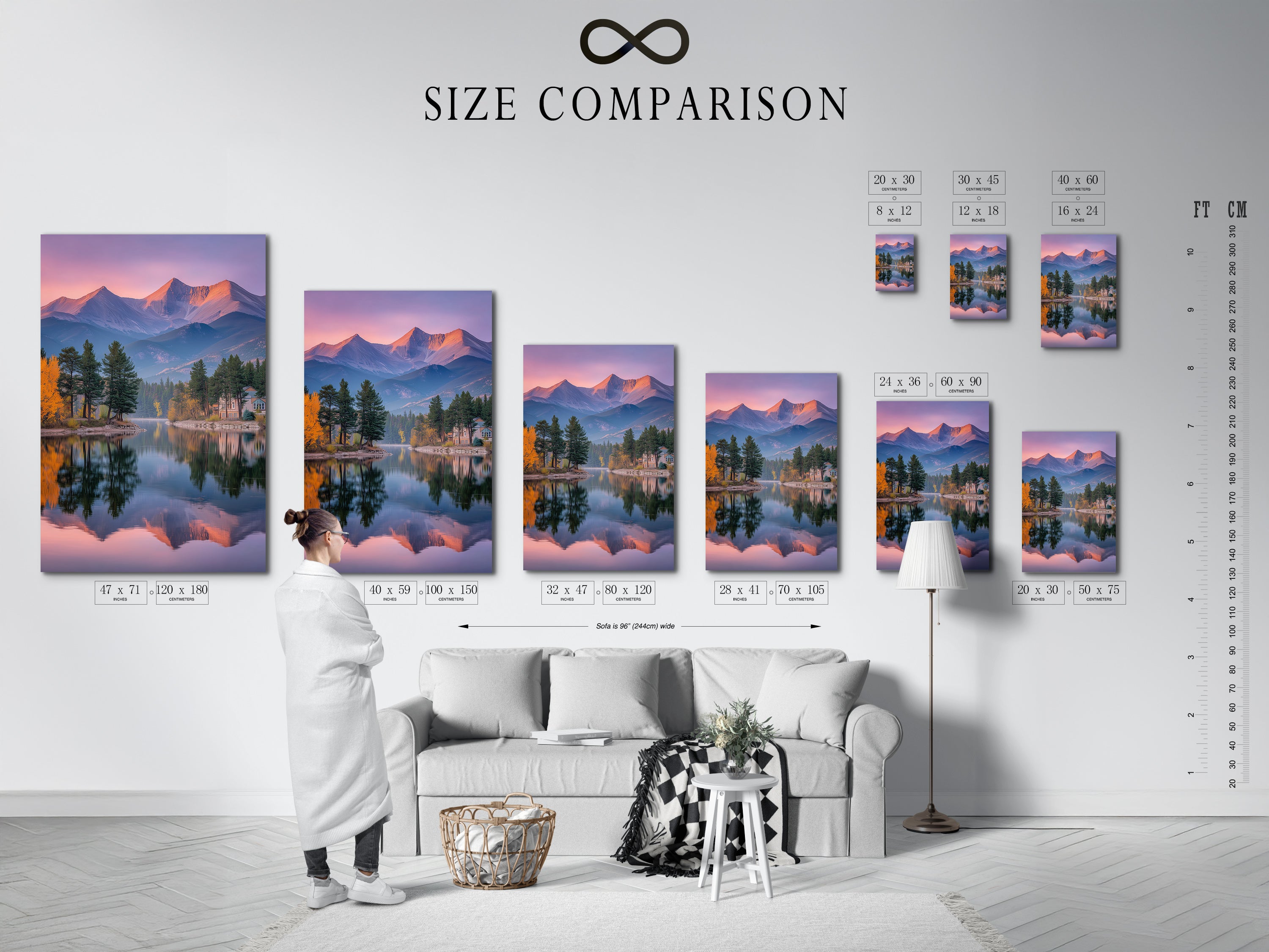 A size comparison chart in an interior setting. See how the mountain lake artwork fits. The Colorado peaks wall art is shown. The pastel sky reflection photography looks great. This fine art adds a tranquil touch to any space. Perfect for various home decor styles.