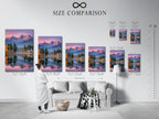 A size comparison chart is displayed in an interior setting. See how the mountain lake canvas artwork fits in your space. Choose the perfect size for your landscape print. This chart helps visualize the serene wall art. It's great for lodge style decor.