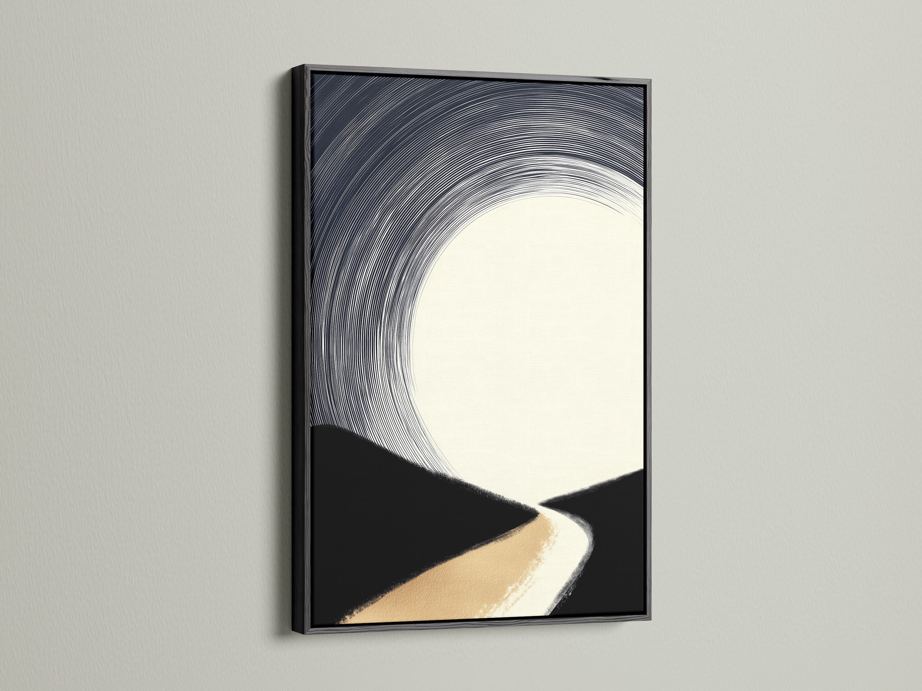 A black frame surrounds a minimalist artwork. The art features an abstract landscape. Beige black and white hues offer a striking contrast. This combination adds a touch of sophistication to your wall decor. It's ideal for creating a focal point in any room.