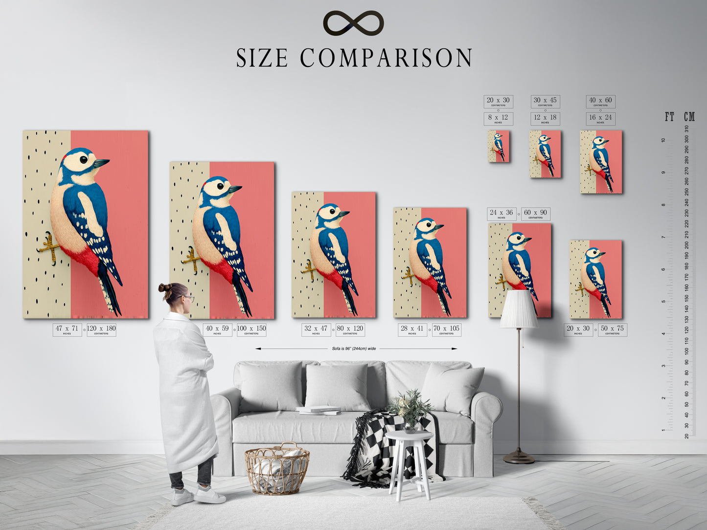 This shows a size comparison chart in an interior setting. It demonstrates how the Woodpecker bird art print fits in various spaces. Choose the perfect size for your wall decor needs. The pink and blue illustration complements any room.