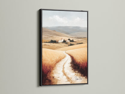 Tuscan Landscape artwork with a black frame. This Italy art print adds a touch of elegance to any space. The farmhouse decor enhances the neutral tone art. Italian scenery captures the beauty of a wheat field. Bring rustic wall art to your living room with this stunning piece.