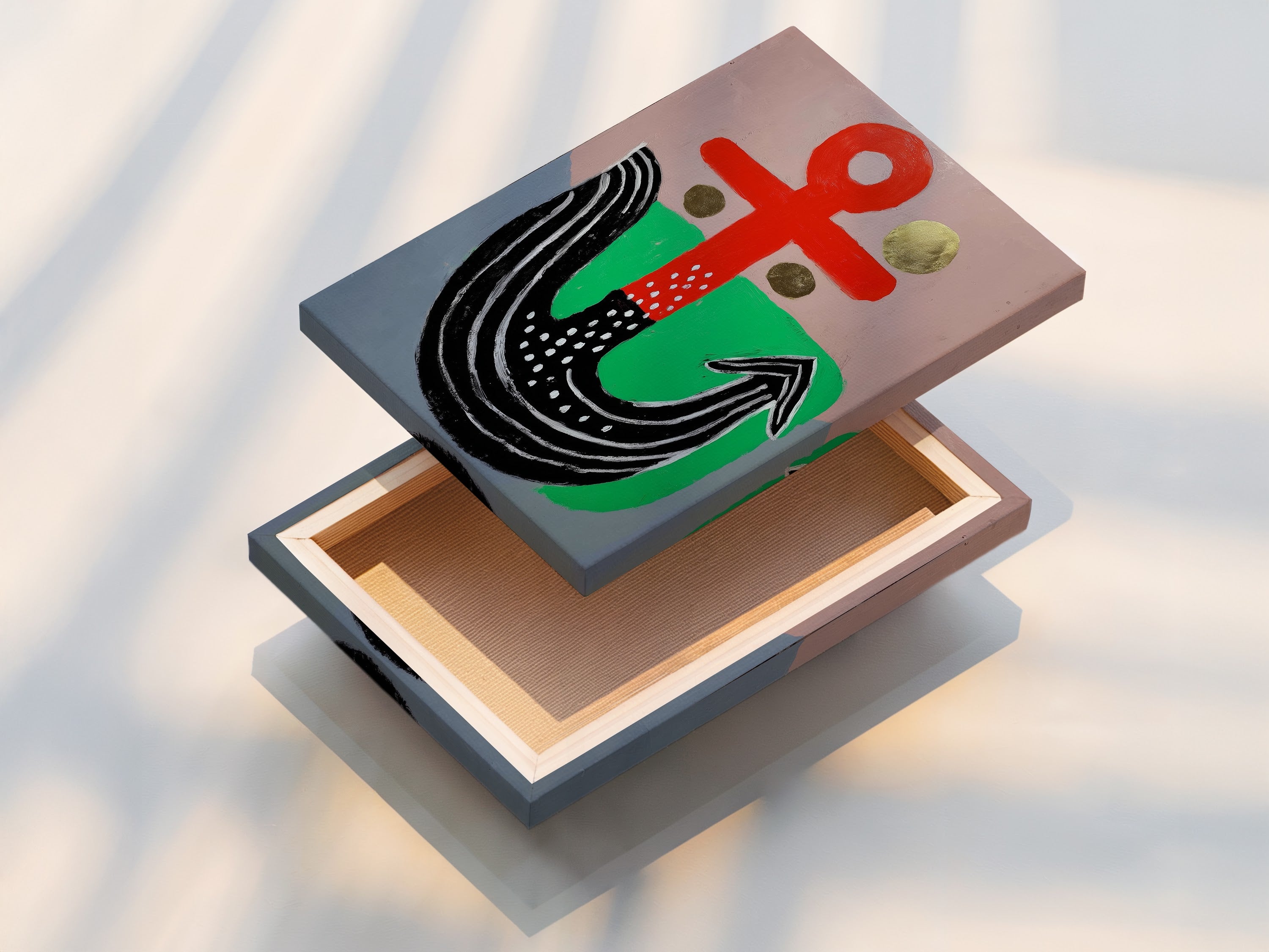 A stretched canvas print of the Abstract Anchor artwork. The artwork is ready to hang and enjoy. The canvas material enhances the colors and texture. This stretched canvas print brings modern style to your walls.