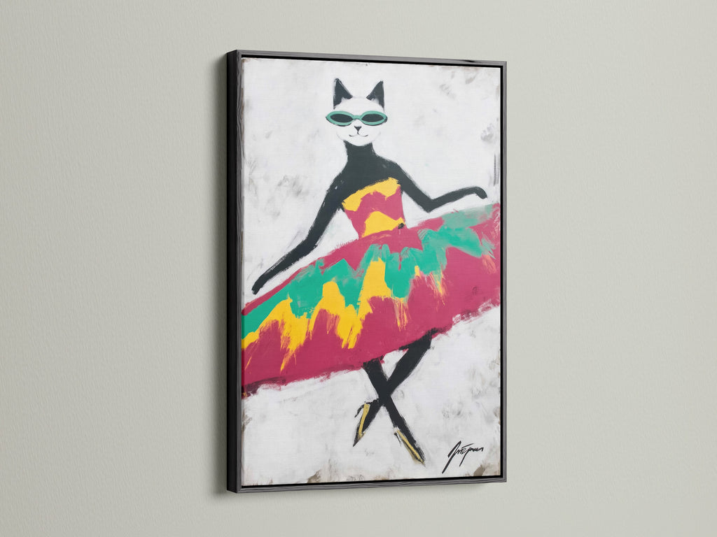 The Cool Cat Art Print is displayed in a black frame. The black frame adds a sleek contemporary touch. The abstract cat art will enhance any space. It's an excellent cat lover gift. Add a modern cat canvas to your home.