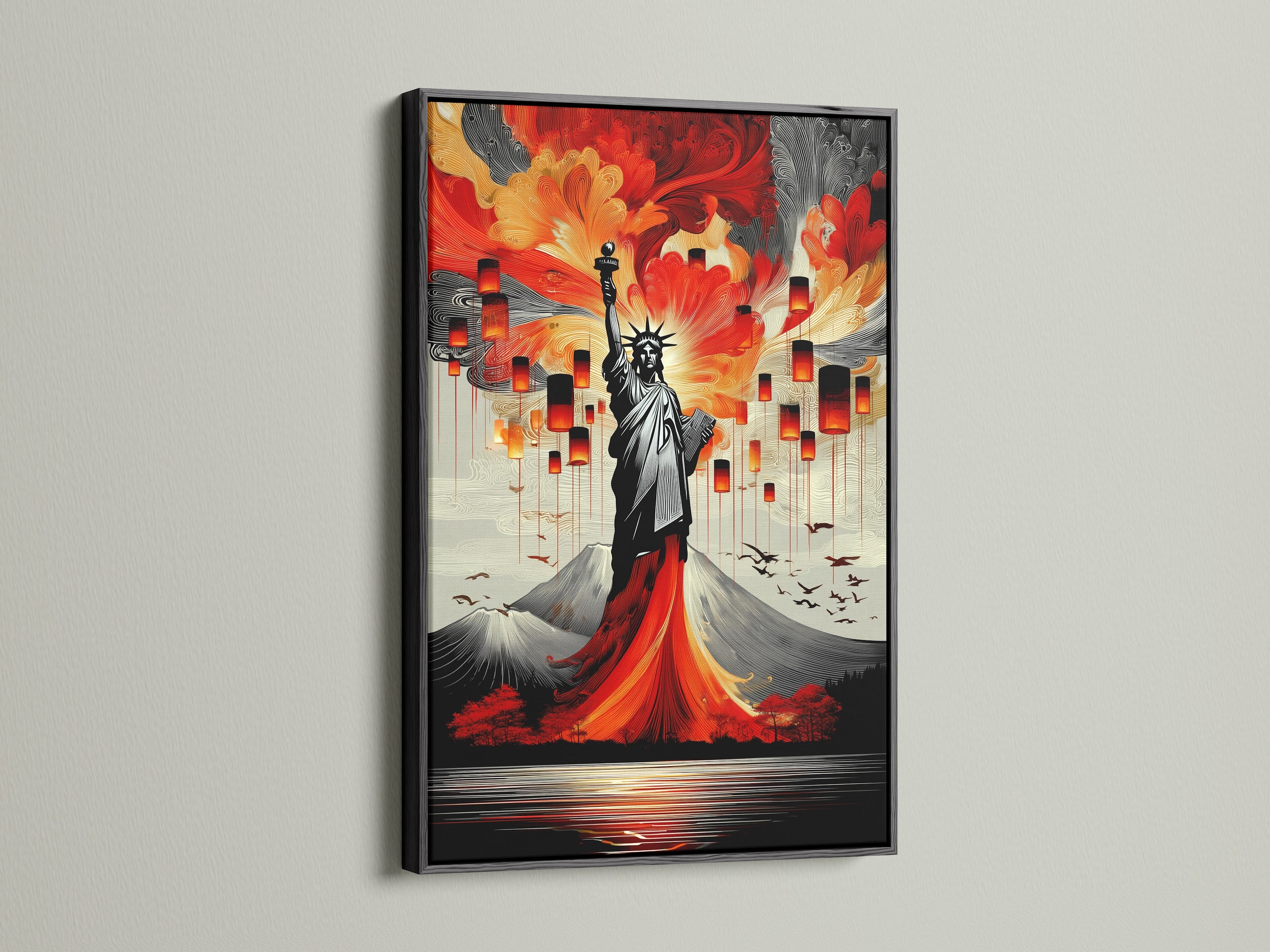 The Statue of Liberty artwork is featured in a black frame. The dark frame provides a bold contrast to the artwork. Great for creating a focal point in any room. Bring modern elegance to your office or living space.