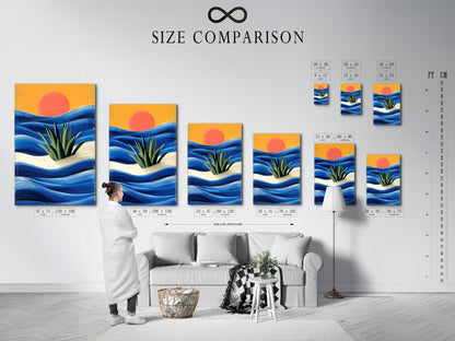 Size comparison chart in an interior setting. See how the coastal sunset artwork fits in your space. Available in various sizes. Find the perfect fit for your wall decor needs.