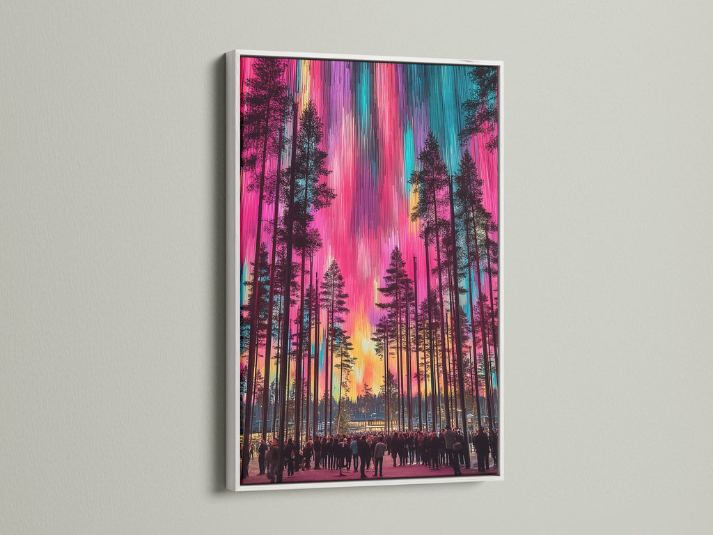 Aurora Borealis artwork showcased in a white frame. The colorful wall art captures a forest scene under the northern lights. This nature print is perfect for scandi decor. Bring a touch of magic to your home with this ethereal print.