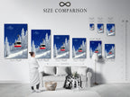 Size comparison chart in an interior setting. The ski lift artwork is shown in various sizes. This winter mountain wall art is perfect for any space. The alpine cable car print suits different room sizes. The snowy landscape looks great in all dimensions. Choose the ideal size for your cabin decor.