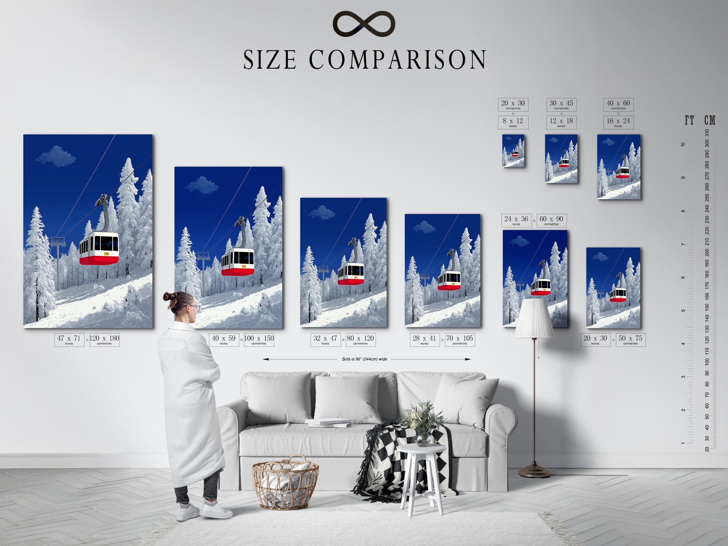 Size comparison chart in an interior setting. The ski lift artwork is shown in various sizes. This winter mountain wall art is perfect for any space. The alpine cable car print suits different room sizes. The snowy landscape looks great in all dimensions. Choose the ideal size for your cabin decor.