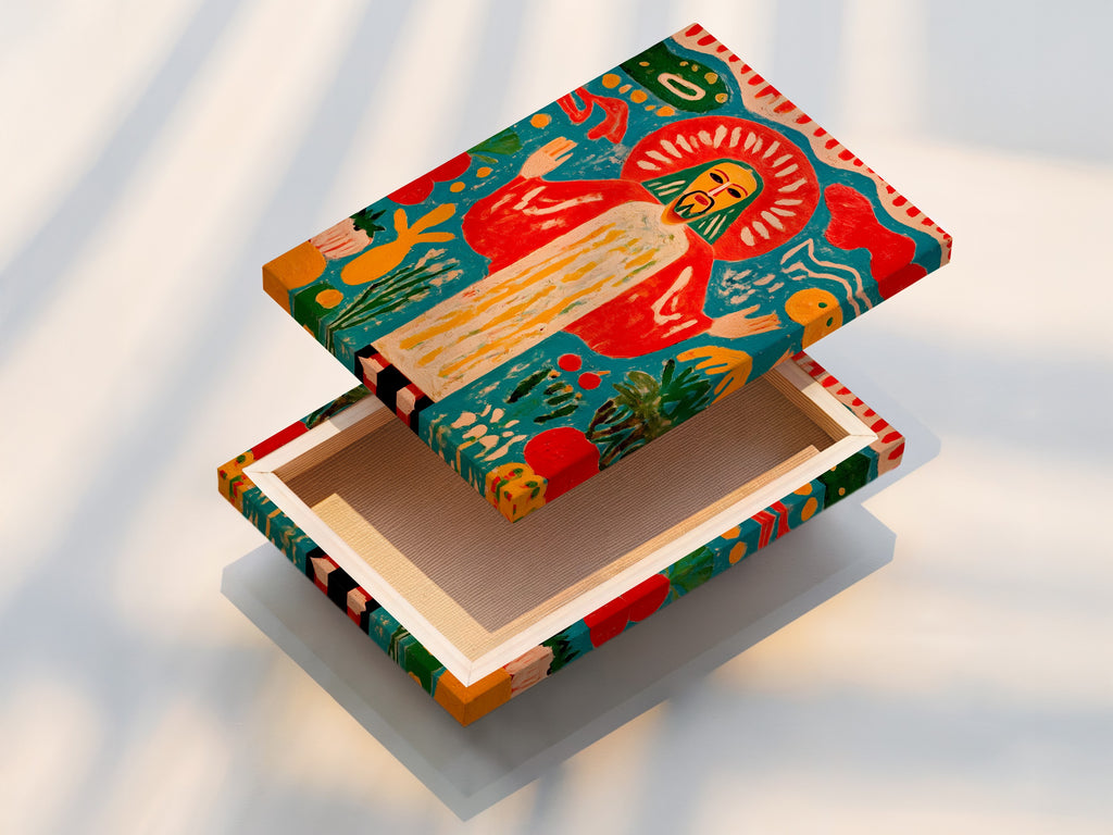 Stretched canvas print of Sacred Heart Wall Art. This folk art print is colorful. This religious artwork offers spiritual decor. The bohemian eclectic style is a great addition. Ideal for living room wall art.