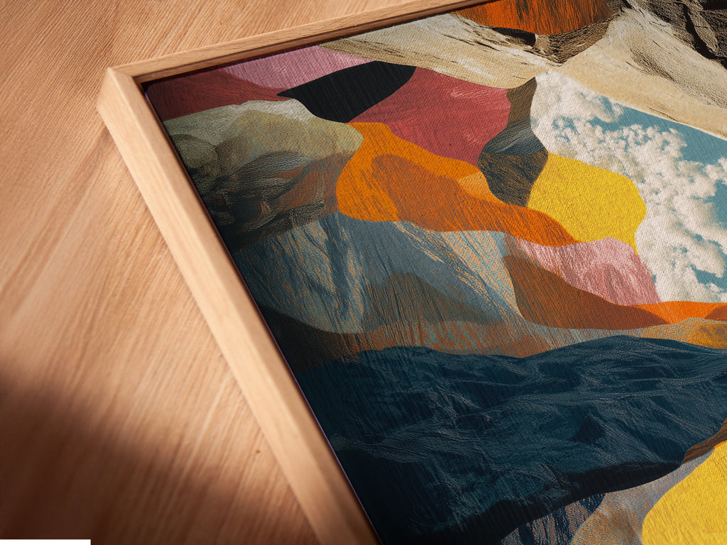 Angled close up of a canvas print in a floating frame. The rock climbing artwork looks great. This adventure wall art is perfect for any room. It is a mountain sports art piece. It is the ideal piece for your home