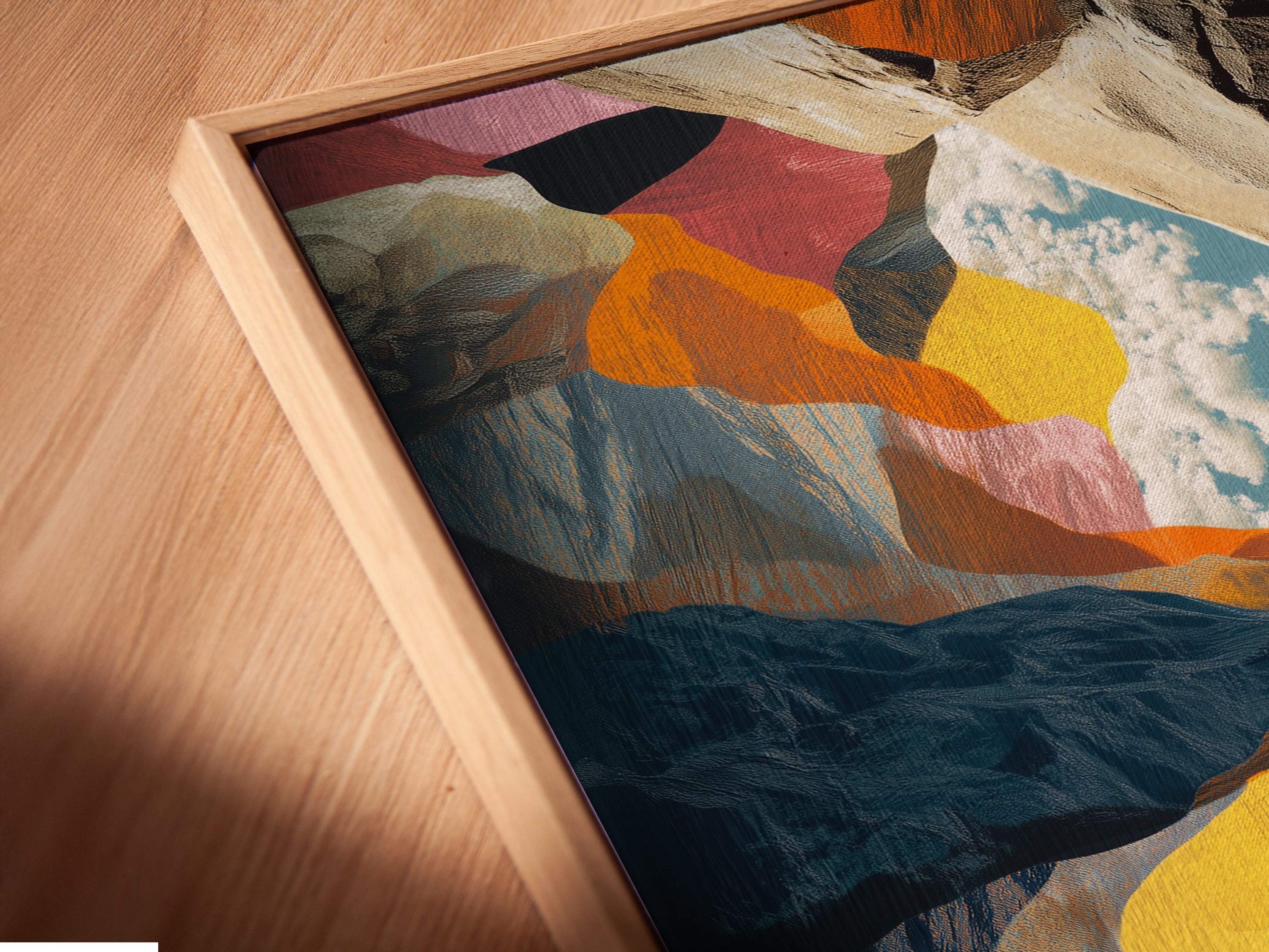 Angled close up of a canvas print in a floating frame. The rock climbing artwork looks great. This adventure wall art is perfect for any room. It is a mountain sports art piece. It is the ideal piece for your home