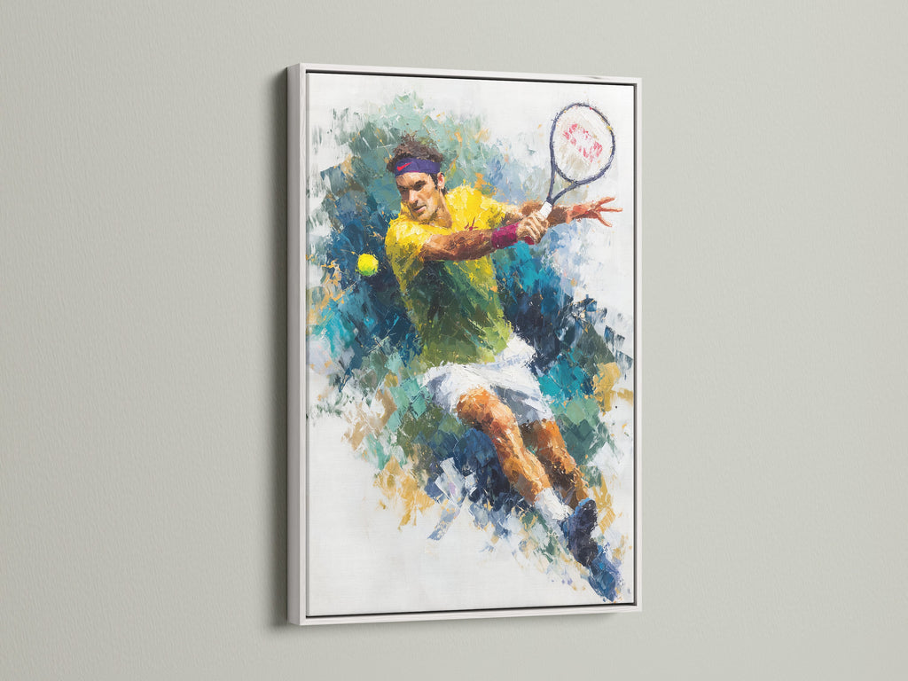 A tennis player print in a white frame is displayed. The abstract tennis art uses watercolor techniques. This sports canvas art is ideal for game room decor. It brings a contemporary style to any space. The tennis artwork is perfect for sports enthusiasts and athletes.