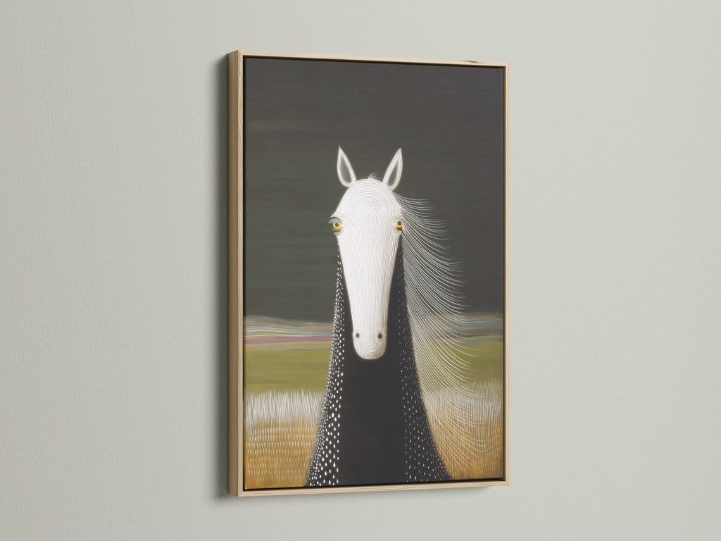 A close-up showcases a horse portrait canvas print in an oak frame. This minimalist equestrian artwork enhances farmhouse decor. Ideal for adding a touch of modern wall art to your living room or stable. Discover equine artwork today.