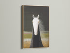 A close-up showcases a horse portrait canvas print in an oak frame. This minimalist equestrian artwork enhances farmhouse decor. Ideal for adding a touch of modern wall art to your living room or stable. Discover equine artwork today.