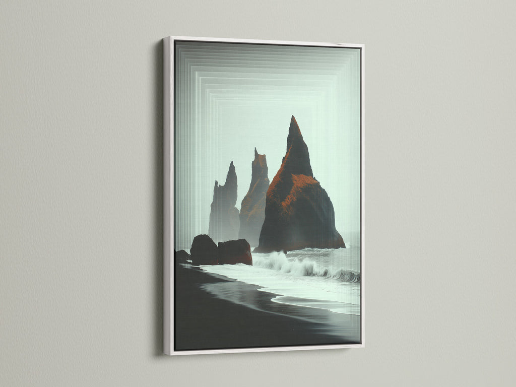 Iceland Black Sand Beach coastal art in a white frame. The minimalist print is ideal for scandi decor. This nature wall art transforms your space. The black sand beach artwork is perfect for bedroom or living room.