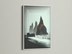 Iceland Black Sand Beach coastal art in a white frame. The minimalist print is ideal for scandi decor. This nature wall art transforms your space. The black sand beach artwork is perfect for bedroom or living room.
