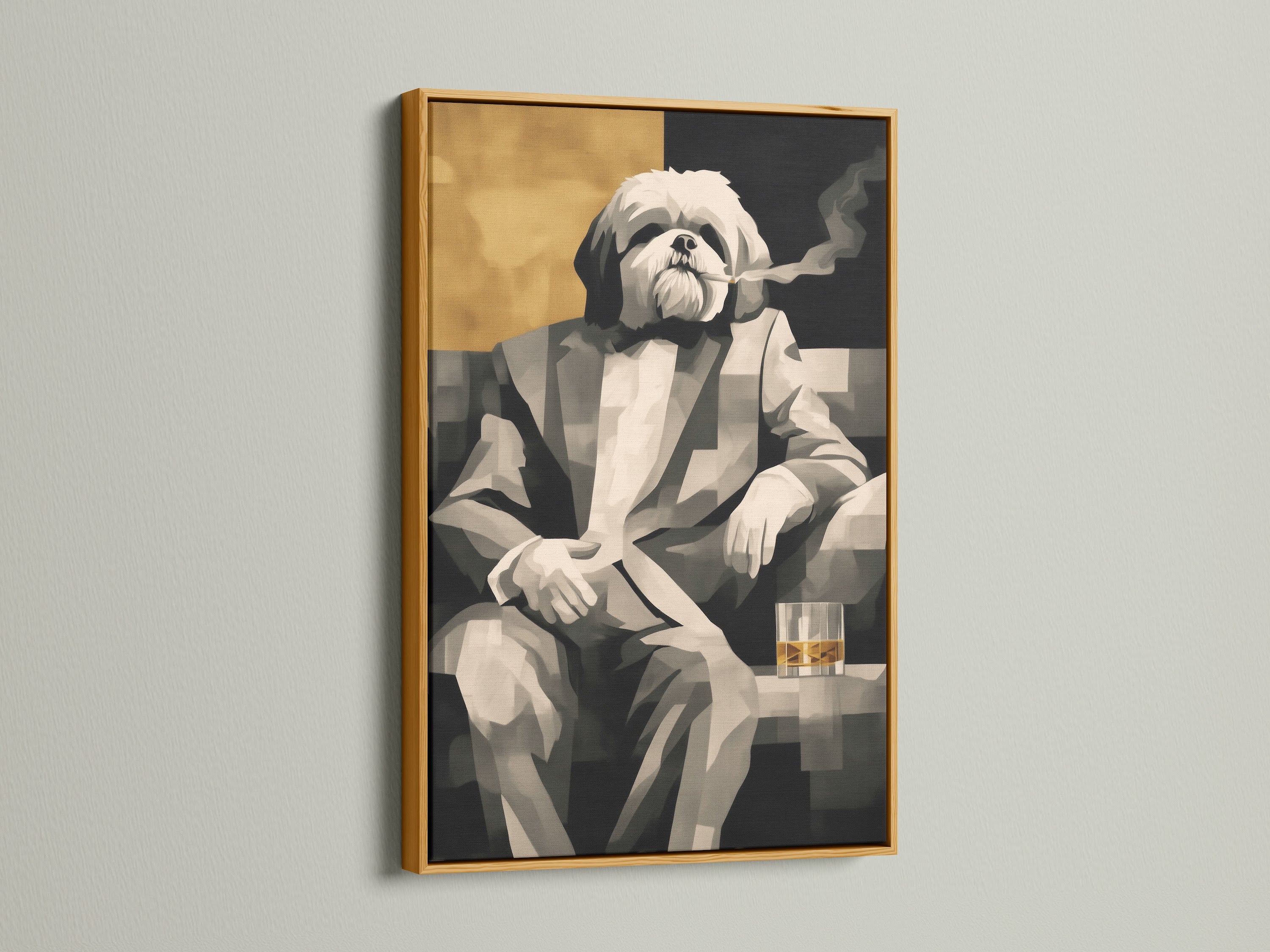 Dog Smoking Art Print in a Gold Frame. This Shih Tzu Canvas Art adds a touch of luxury. The gentleman dog portrait is a statement piece. It is perfect for elevating your office wall art. The humorous art is a unique gift.