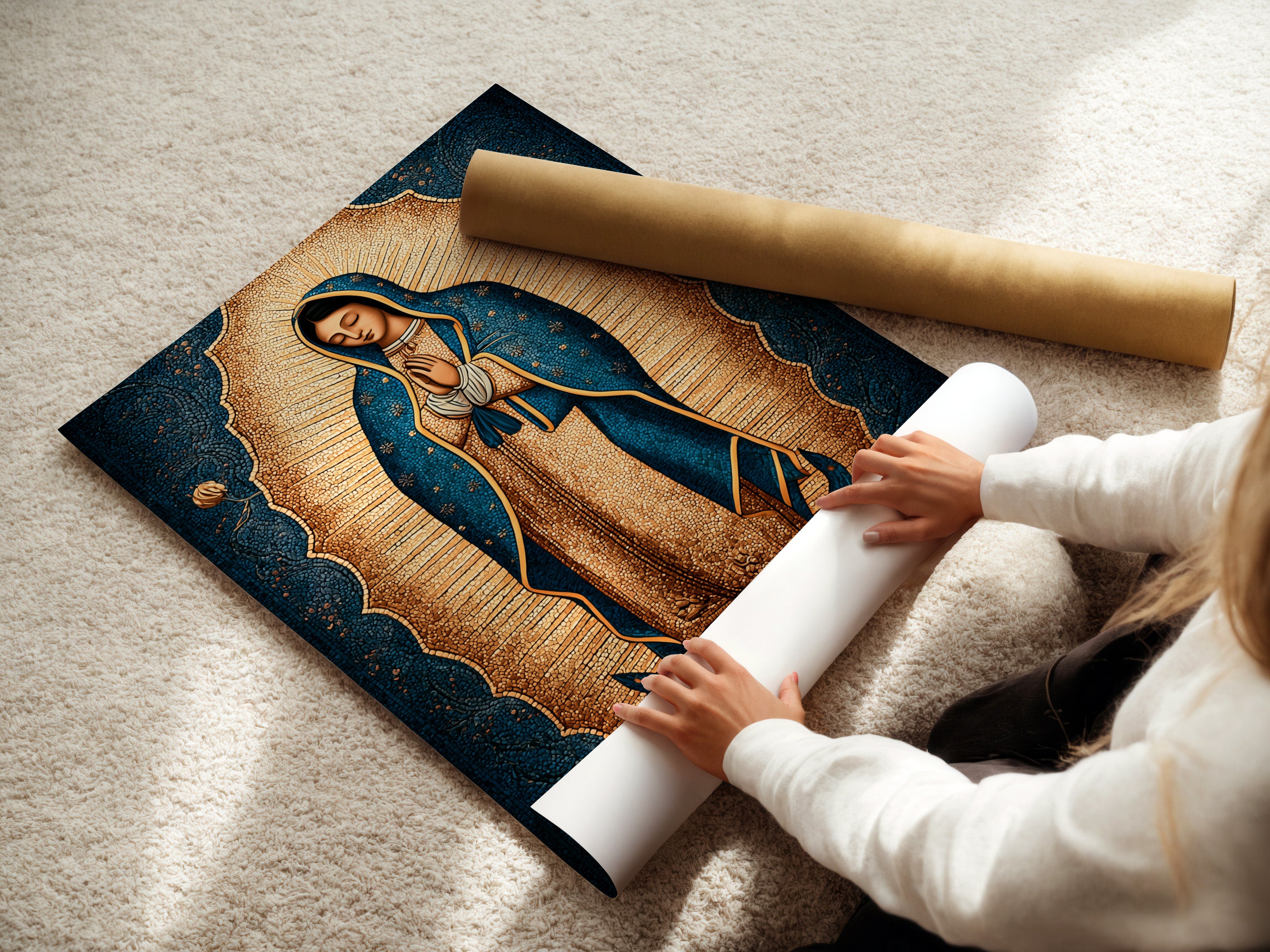 A woman carefully rolls a fine art poster paper of Our Lady of Guadalupe. This print captures the essence of faith wall decor. Perfect for creating Catholic home art. Ideal for prayer rooms and spaces needing sacred art.